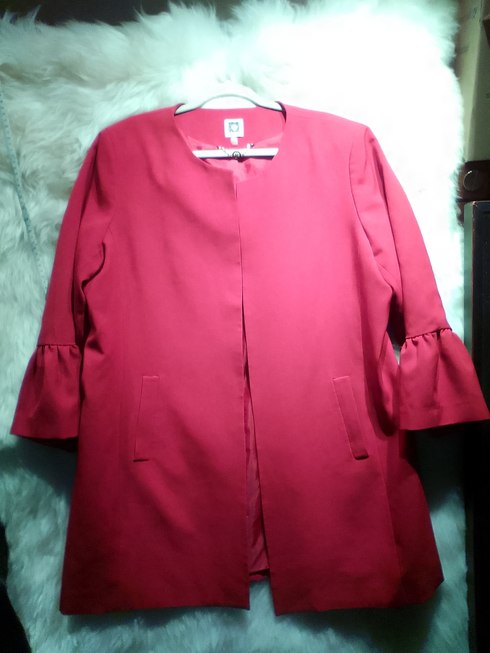 Anne Klein Red Open Front Blazer with Ruffled Sleeves - Picture 3 of 6